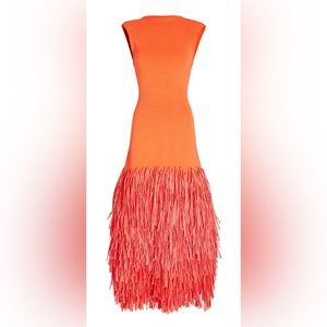 AJE FRINGED FAUX RAFFIA-TRIMMED RIBBED STRETCH-KNIT MIDI DRESS IN ORANGE
